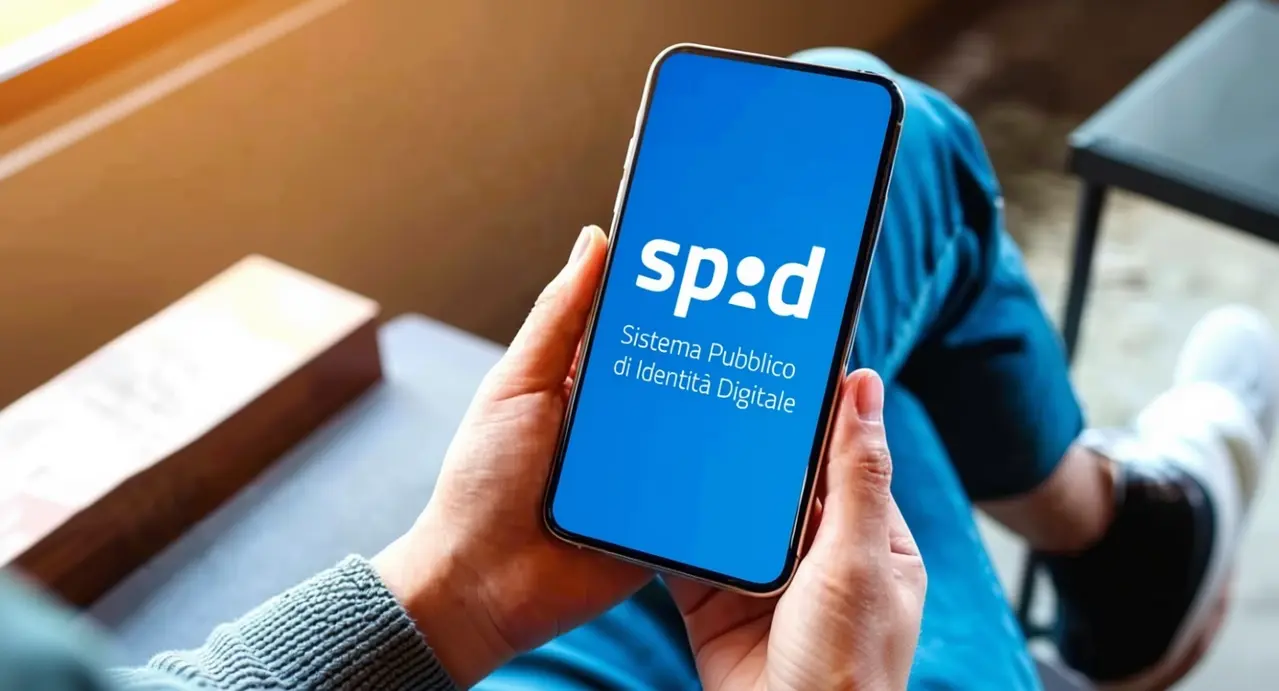 Persona tiene in mano uno smartphone con il logo SPID sullo schermo.