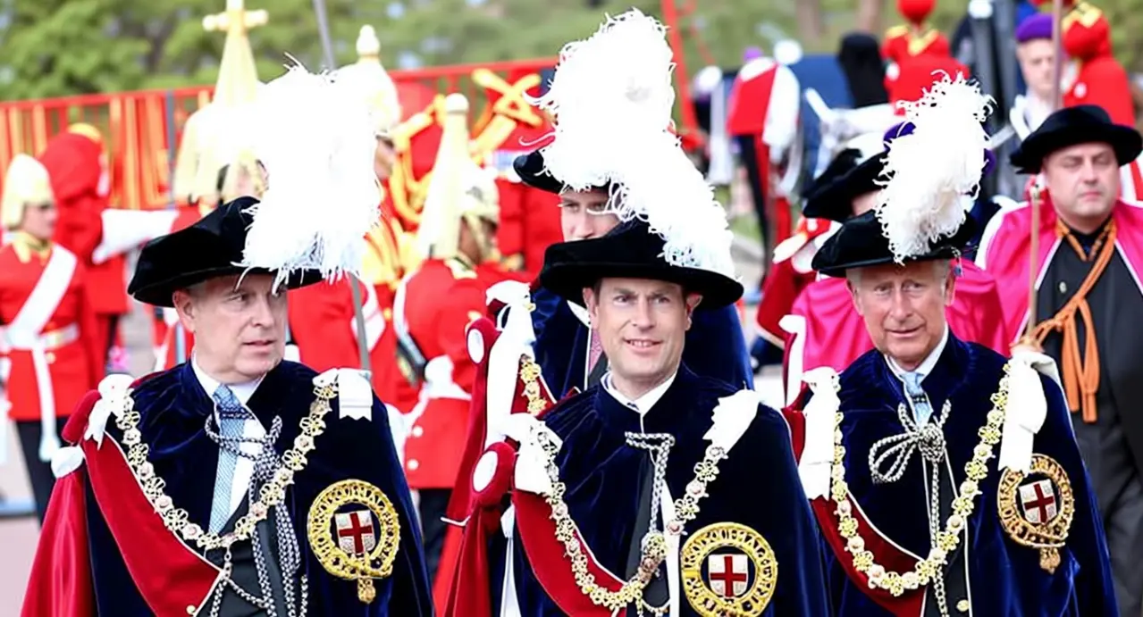 Persone in abiti cerimoniali con decorazioni e piume bianche durante un evento ufficiale