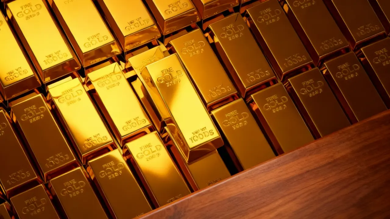 Lingotti d'oro impilati all'interno di un contenitore in legno