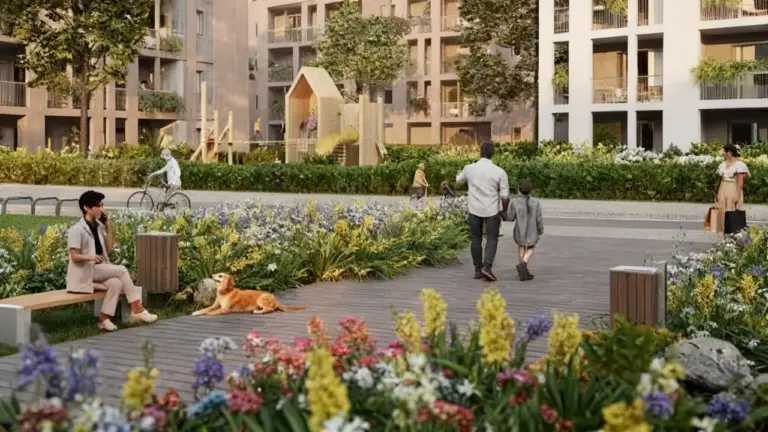 Persone che passeggiano e si rilassano in un parco urbano fiorito, circondato da edifici moderni