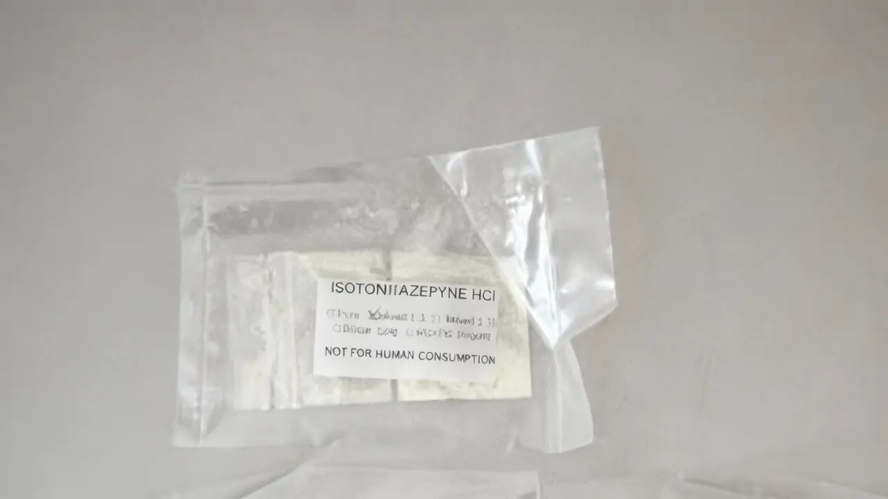 Bustina trasparente contenente una sostanza bianca in polvere, etichettata come non per consumo umano