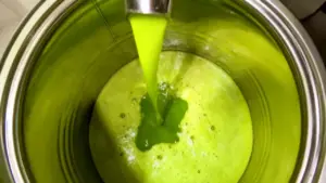 Olio di oliva appena spremuto che viene versato in un contenitore d'acciaio