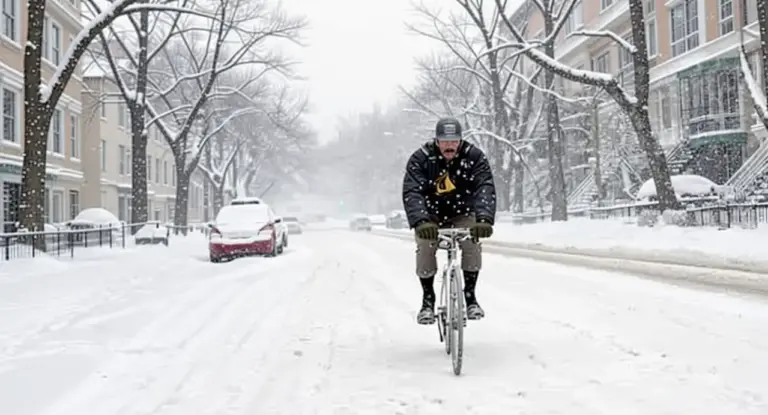 Persona in bicicletta su una strada innevata durante una nevicata in città
