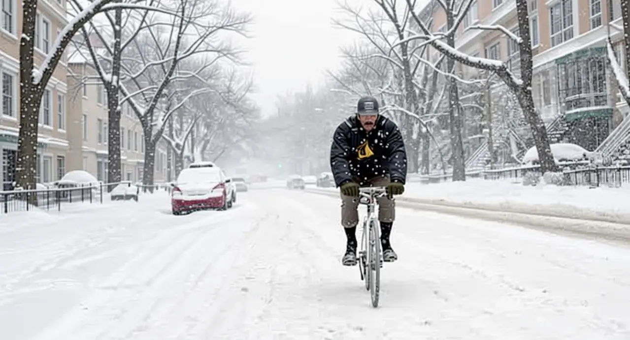 Persona in bicicletta su una strada innevata durante una nevicata in città