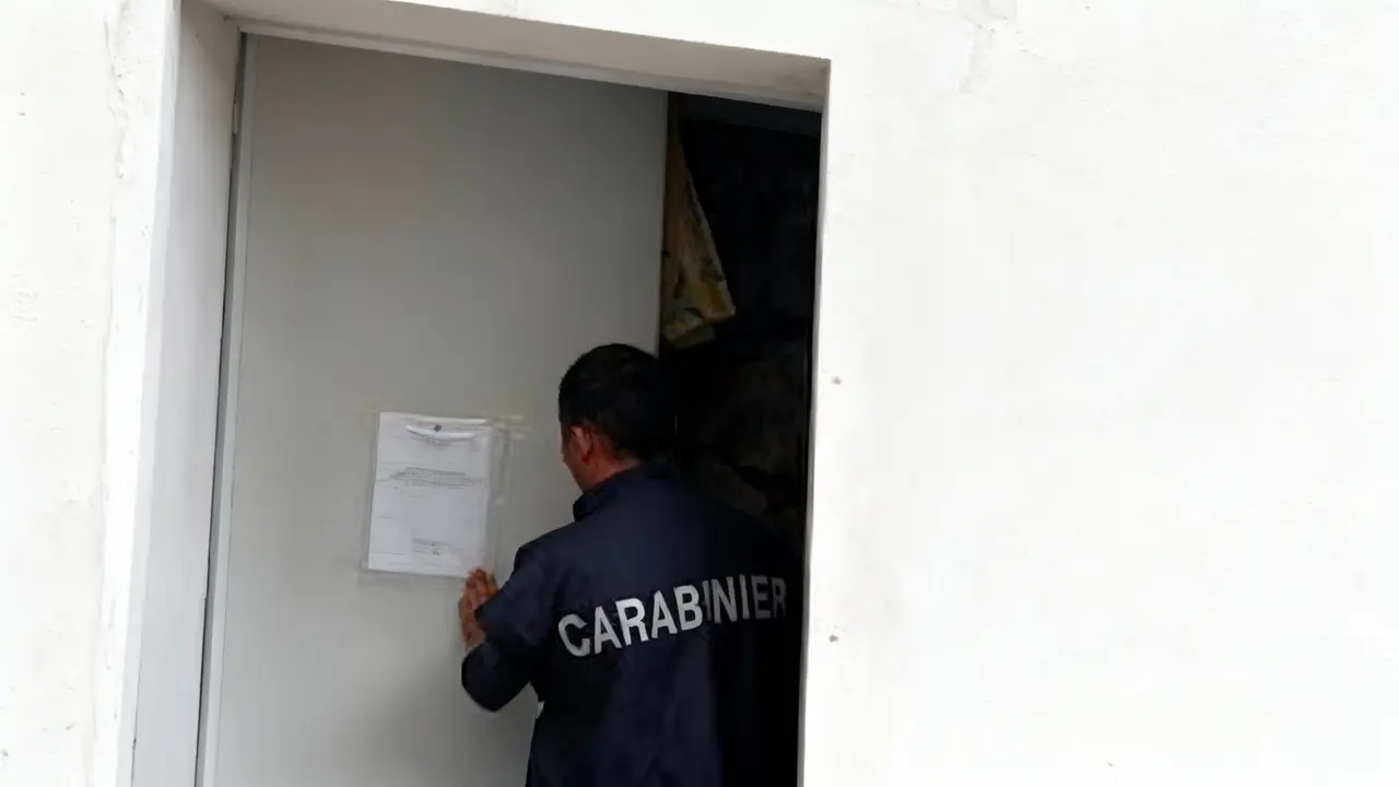 Un carabiniere affigge un avviso su una porta chiusa a Positano