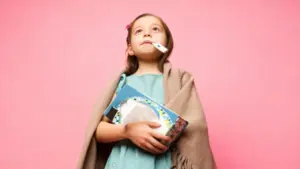 Bambina con termometro in bocca e scatola di fazzoletti, avvolta in una coperta