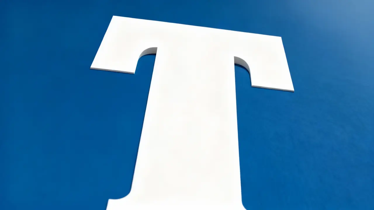 Lettera T bianca su sfondo blu, vista da una prospettiva inclinata
