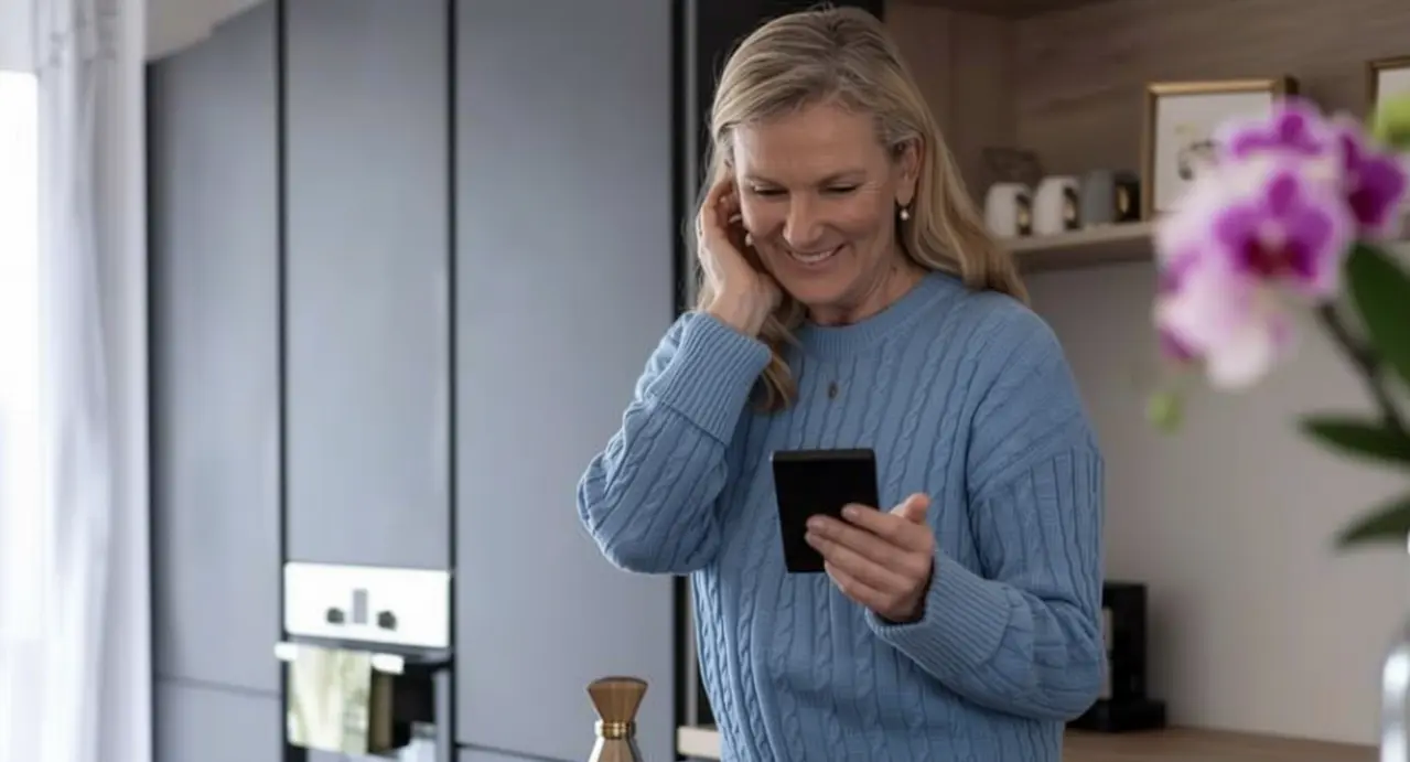 Donna sorridente guarda il telefono in cucina