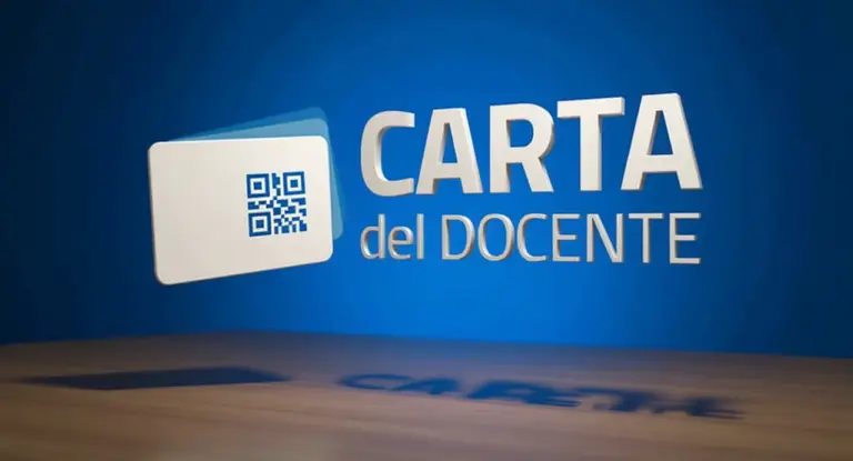 Logo della Carta del Docente su sfondo blu con una tessera stilizzata e codice QR