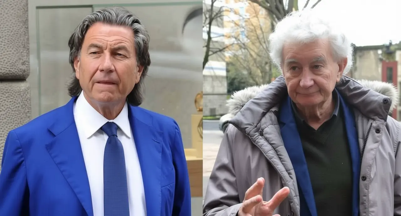 Due uomini maturi in contesti separati, uno con abito blu e l'altro con giacca invernale