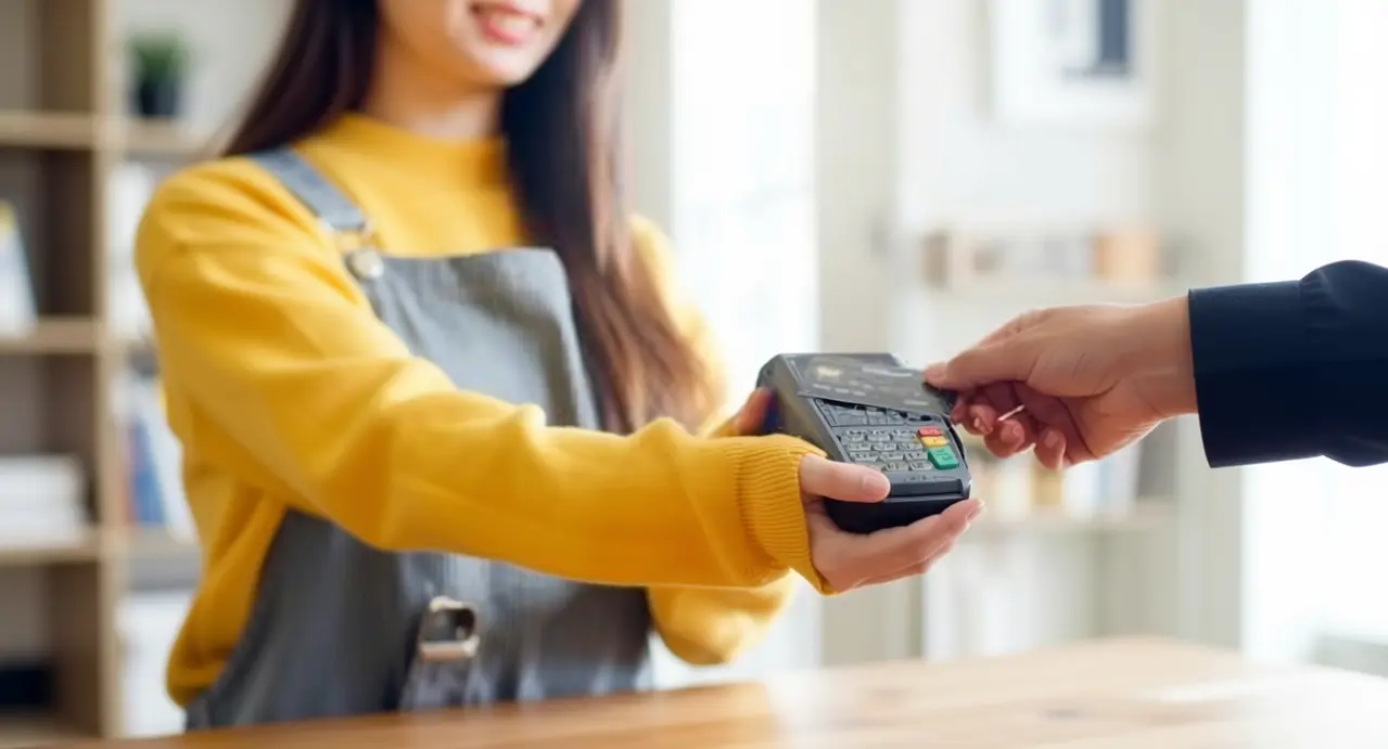 Persona effettua un pagamento con carta su un terminale POS tenuto da un'altra persona