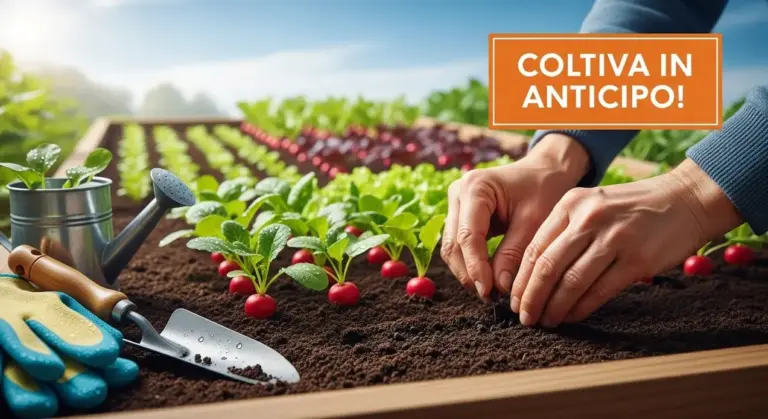 Mani che seminano in un orto rialzato accanto a piantine di ravanelli, attrezzi da giardinaggio e annaffiatoio.