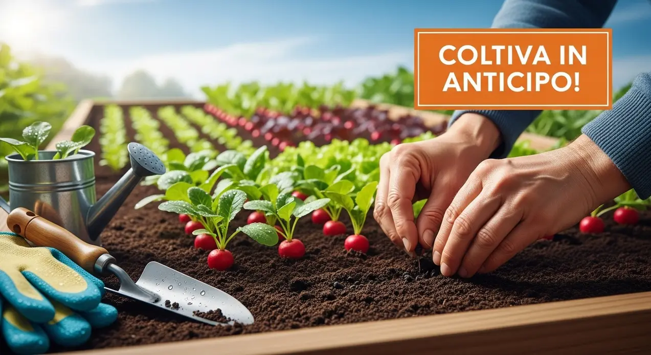 Mani che seminano in un orto rialzato accanto a piantine di ravanelli, attrezzi da giardinaggio e annaffiatoio.