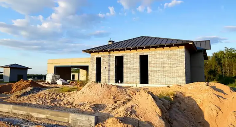 Edificio in costruzione con cumuli di terra in primo piano