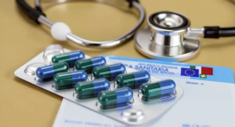 Blister di capsule, tessera sanitaria italiana e stetoscopio su un tavolo