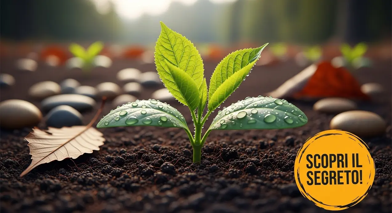 Pianta giovane con foglie verdi e gocce d'acqua che cresce nel terreno