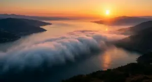Banchi di nebbia marina lungo la costa al tramonto, visione tipica del fenomeno meteo Maccaja