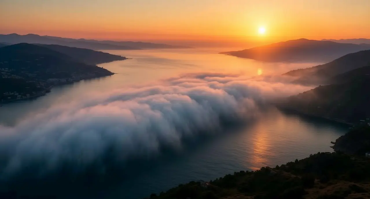 Banchi di nebbia marina lungo la costa al tramonto, visione tipica del fenomeno meteo Maccaja