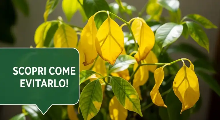 Foglie gialle su una pianta da interno con segni di sofferenza