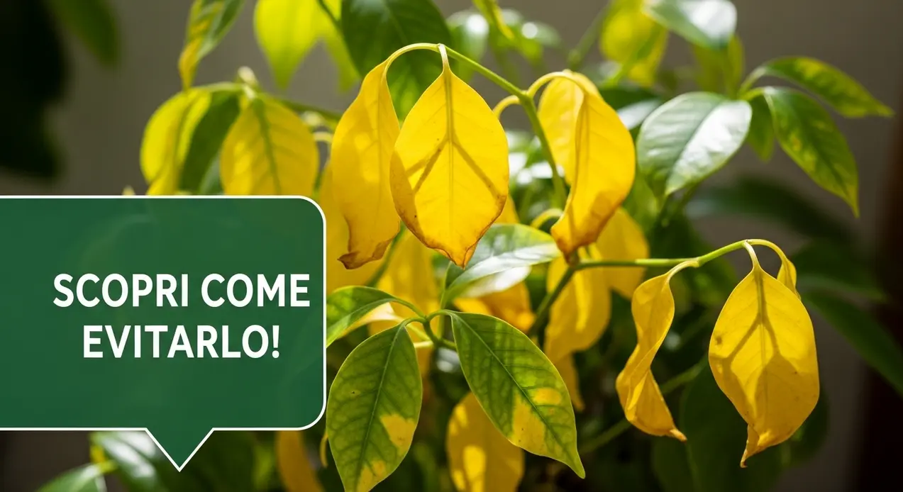 Foglie gialle su una pianta da interno con segni di sofferenza