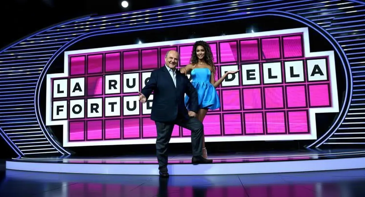 Due persone davanti al tabellone del programma La Ruota della Fortuna