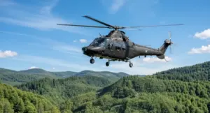 Elicottero in volo sopra una zona montuosa con foreste verdeggianti