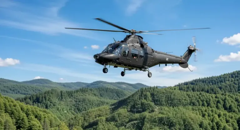 Elicottero in volo sopra una zona montuosa con foreste verdeggianti