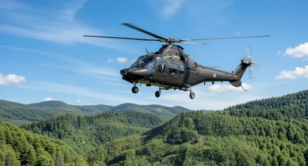 Elicottero in volo sopra una zona montuosa con foreste verdeggianti