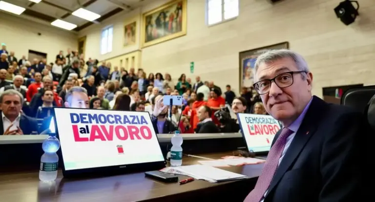 Un uomo seduto a un tavolo durante un'assemblea affollata con schermi che mostrano la scritta 'Democrazia al lavoro'.