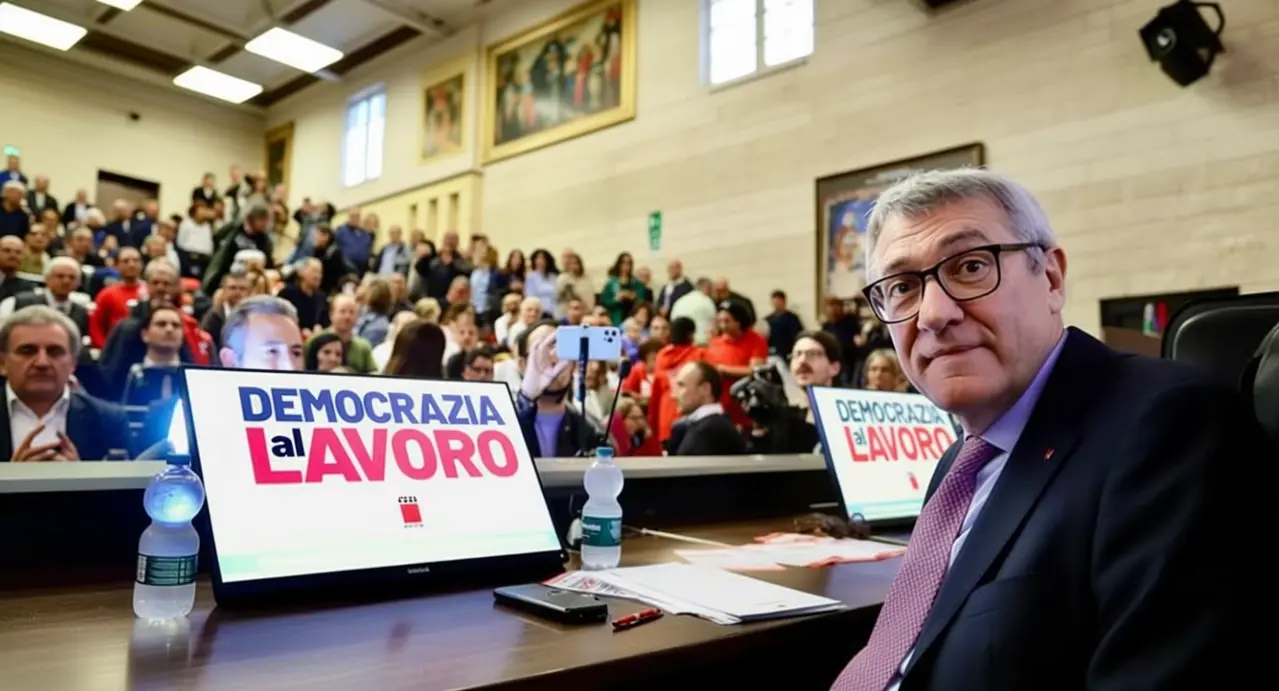 Un uomo seduto a un tavolo durante un'assemblea affollata con schermi che mostrano la scritta 'Democrazia al lavoro'.