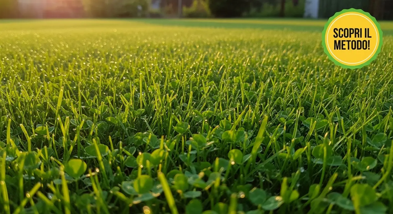 Primo piano di un prato verde e fitto illuminato dalla luce del tramonto