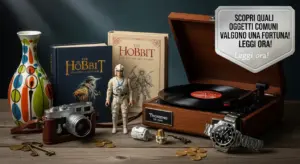 Oggetti vintage su un tavolo, tra cui un giradischi, una fotocamera, libri, monete e una figurina