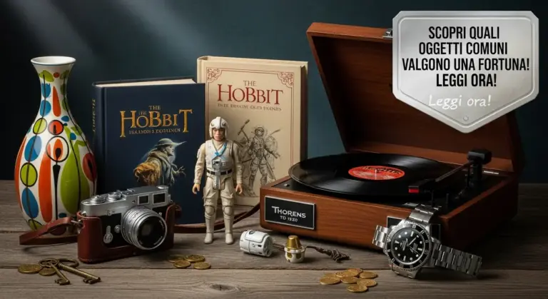 Oggetti vintage su un tavolo, tra cui un giradischi, una fotocamera, libri, monete e una figurina