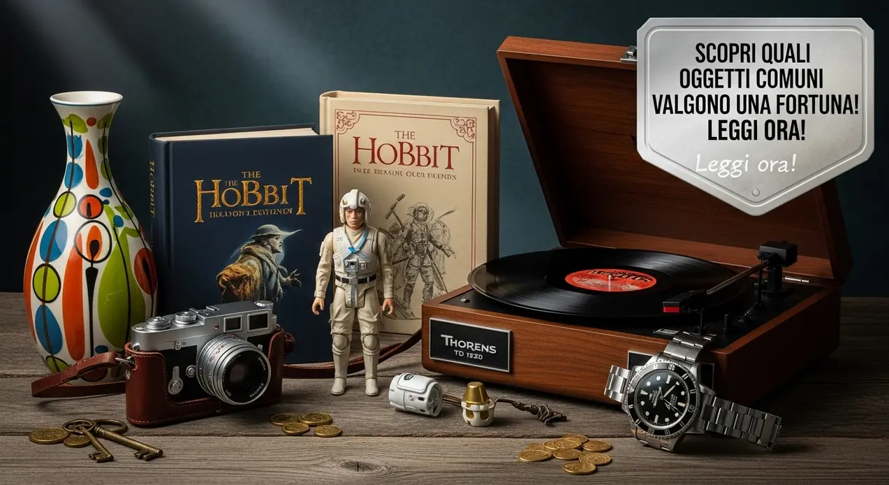 Oggetti vintage su un tavolo, tra cui un giradischi, una fotocamera, libri, monete e una figurina