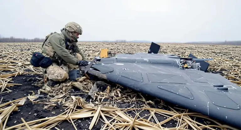 Militare esamina un drone distrutto in un campo in Ucraina