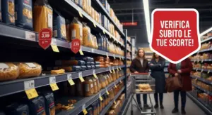 Scaffali di pasta in un supermercato con persone preoccupate