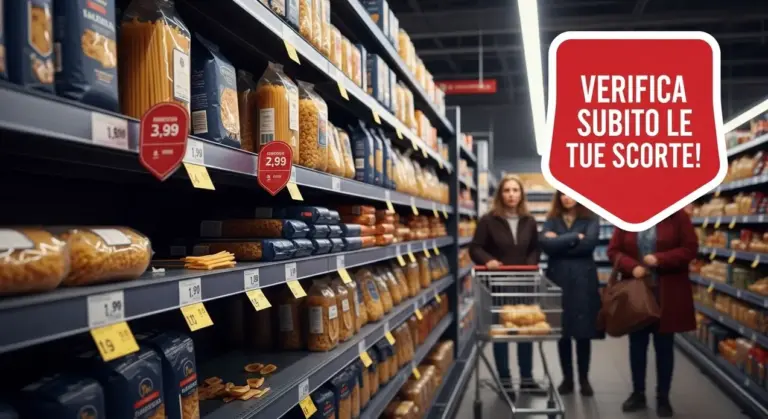 Scaffali di pasta in un supermercato con persone preoccupate