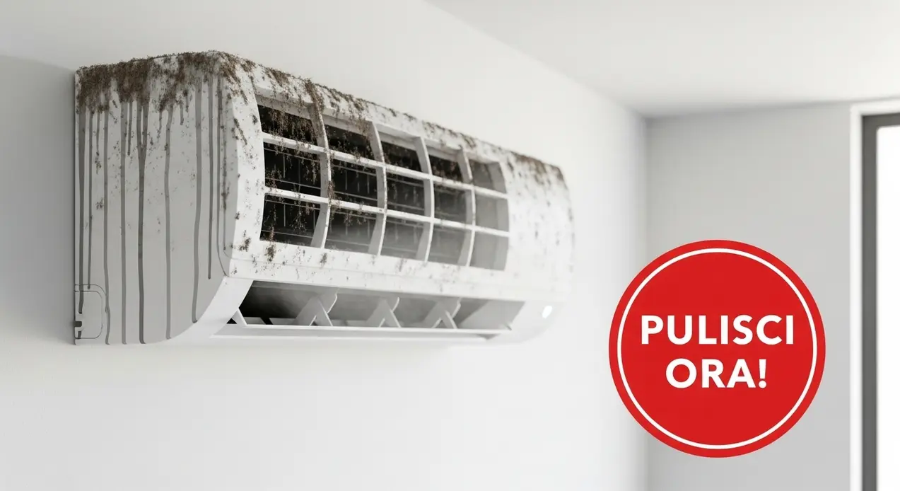 Condizionatore a parete sporco con segni di muffa su un muro interno