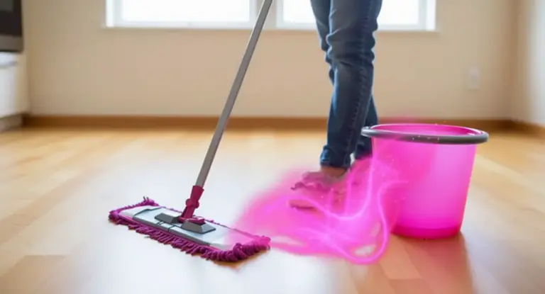 Persona che pulisce un pavimento in legno con uno spazzolone e un secchio rosa profumato