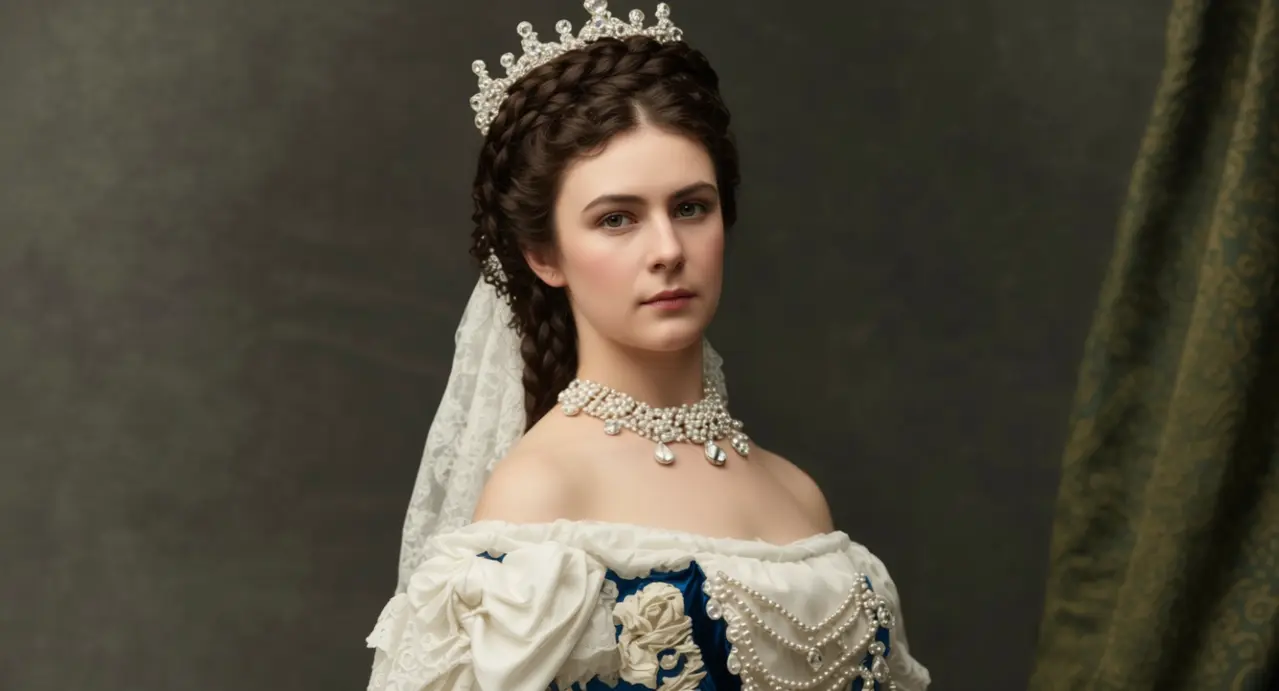 Donna in abito storico con tiara e collana di perle in stile imperiale