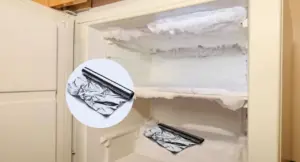 Freezer con ghiaccio sulle pareti e un foglio di alluminio arrotolato sul ripiano