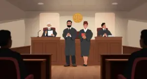 Giudici in toga in un'aula di tribunale, in piedi e seduti dietro un banco