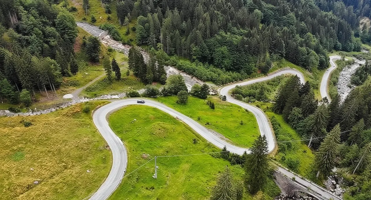 Strada tortuosa tra le montagne verdi al confine tra Italia e Austria