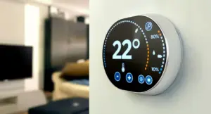 Termostato digitale moderno impostato a 22 gradi su una parete di un soggiorno.