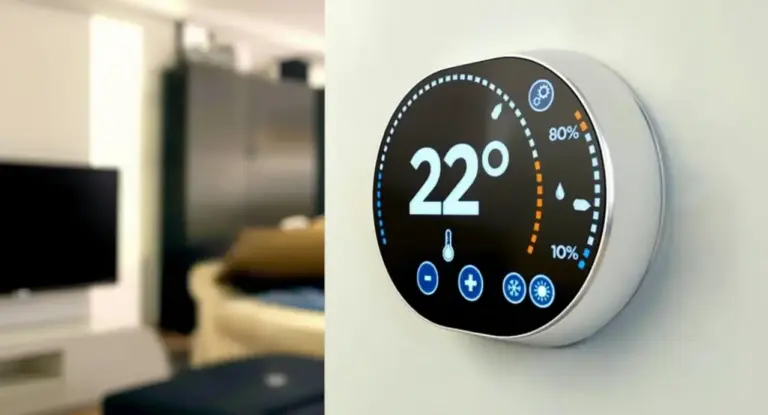 Termostato digitale moderno impostato a 22 gradi su una parete di un soggiorno.