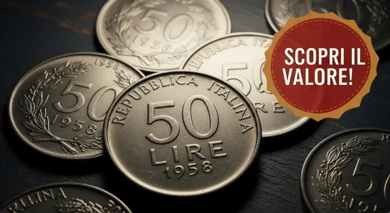 Monete italiane da 50 lire del 1958 disposte su una superficie scura
